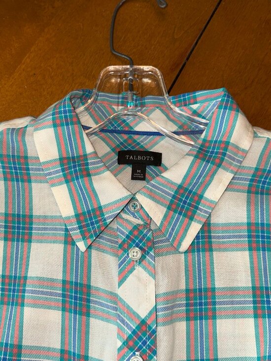 Talbots Tops - Talbots plaid longsleeve button down, turq, coral, dark green, white base, W Med
